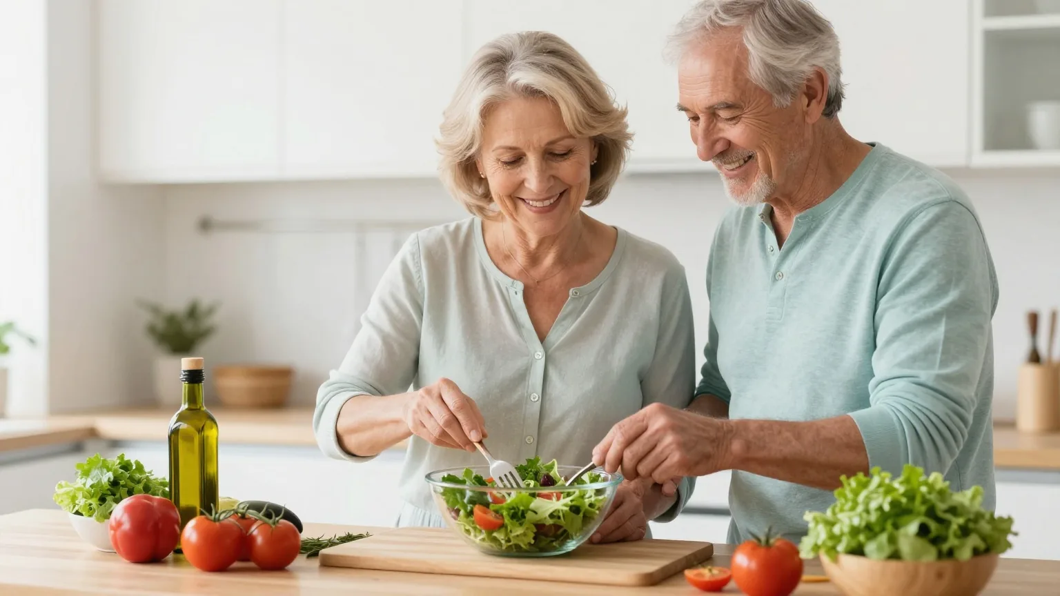 Paar in den Sechzigern bereitet in einer hellen Küche gemeinsam einen frischen Salat zu