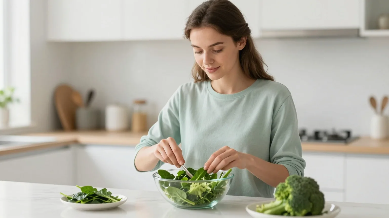 Junge Frau Anfang dreißig bereitet in einer hellen Küche einen Salat mit frischem Spinat und Brokkoli zu