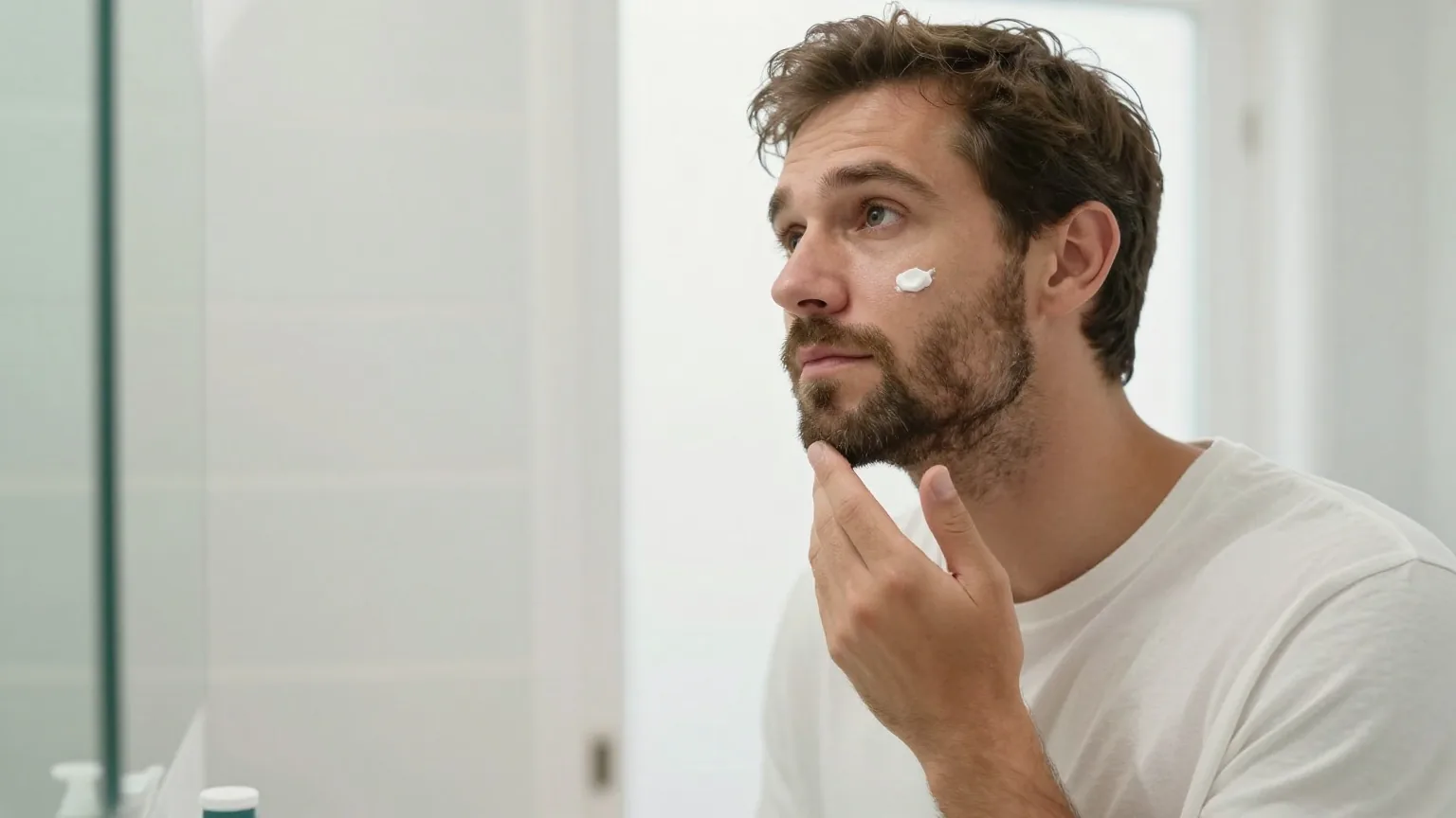 Mann Ende zwanzig mit kurzem Bart steht vor einem Badezimmerspiegel und tupft mit der Fingerspitze etwas weiße Creme auf sein Kinn