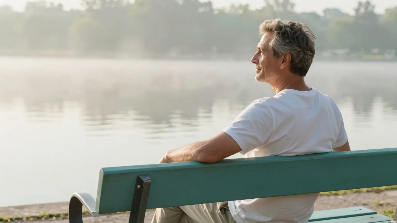 Mann um die fünfzig sitzt an einem ruhigen Morgen auf einer Parkbank am See und blickt entspannt über das Wasser