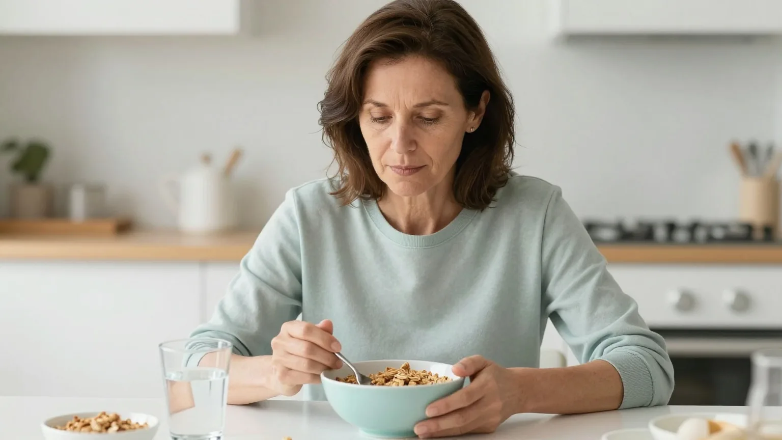 Frau in den Vierzigern frühstückt morgens an einem hellen Küchentisch mit einer Schale Müsli und einem Glas Wasser