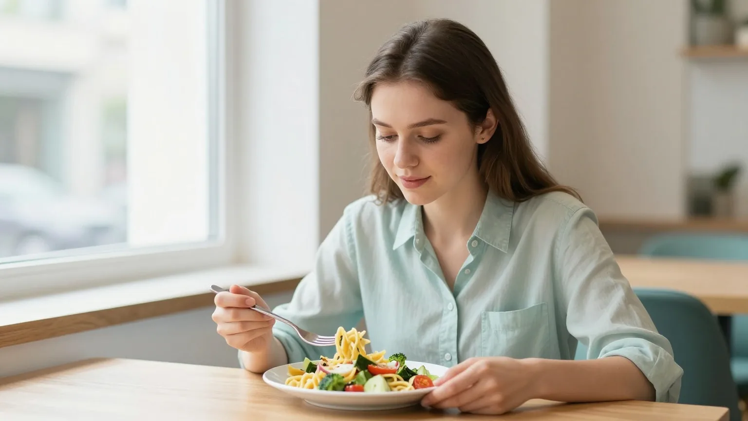Junge Frau in den Zwanzigern setzt sich in einem hellen Café an einen Tisch mit einem Teller Nudelsalat und beginnt ihre Mahlzeit