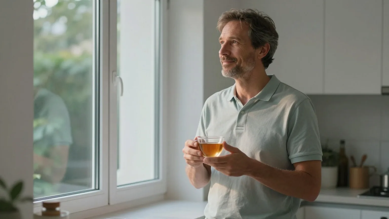 Mann in den Vierzigern steht am Abend in einer ruhigen Wohnküche am Fenster und hält eine Tasse Kräutertee in den Händen