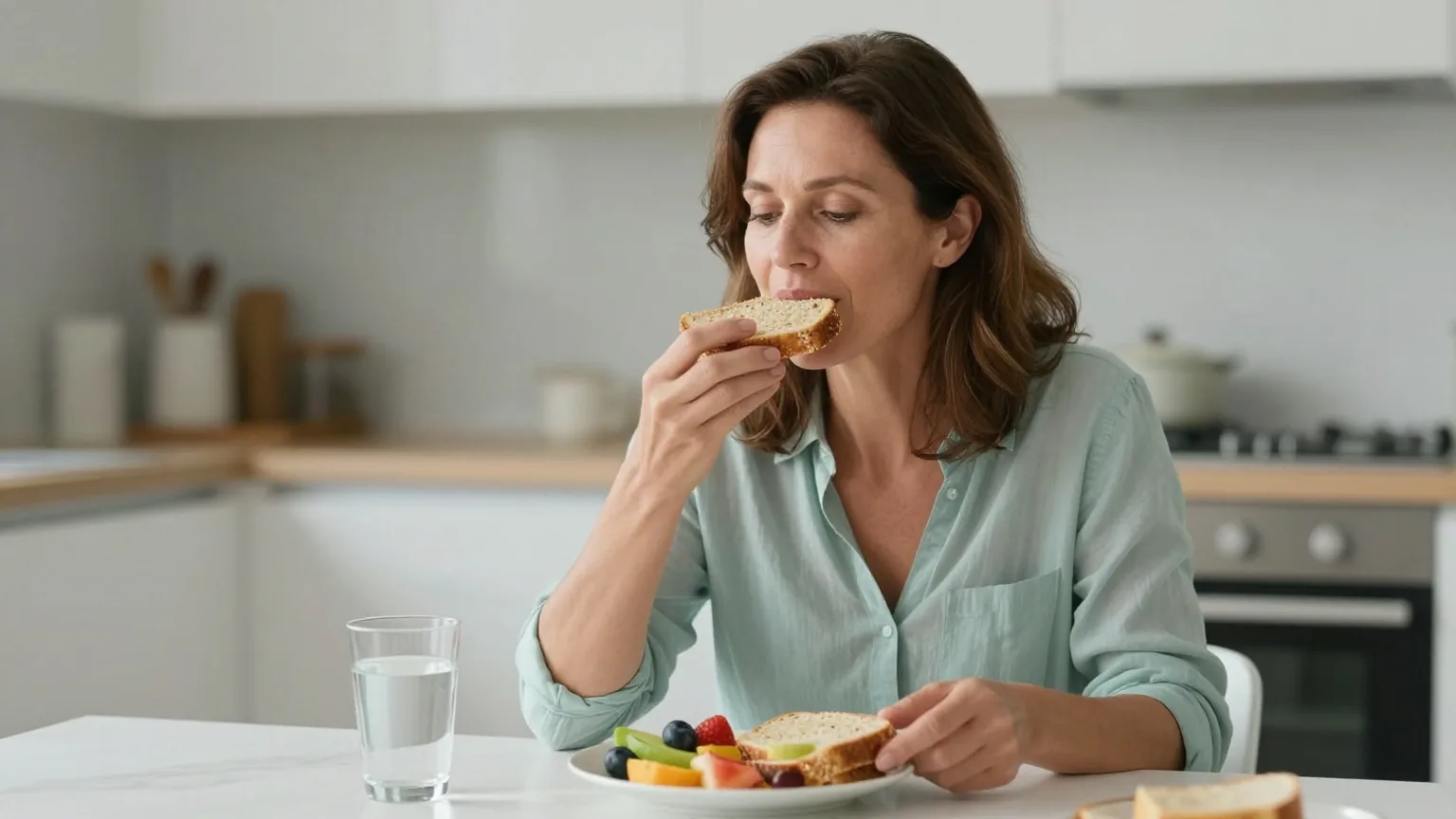 Frau Mitte fünfzig sitzt morgens am hellen Küchentisch beim Frühstück mit Vollkornbrot, Obst und einem Glas Wasser