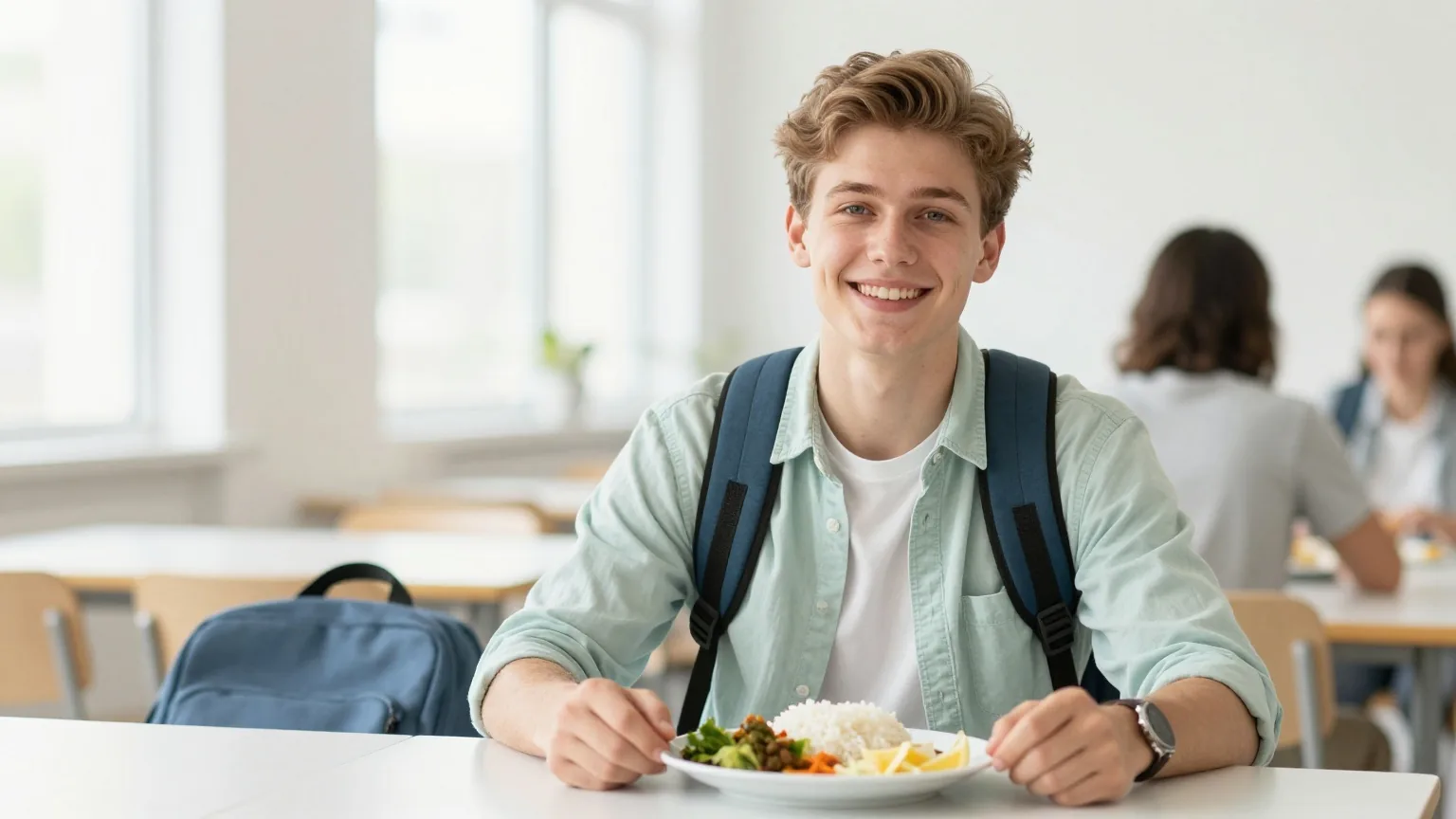 Student Anfang zwanzig mit Rucksack sitzt in einer hellen Mensa an einem Tisch mit einem Teller Reis und Gemüse