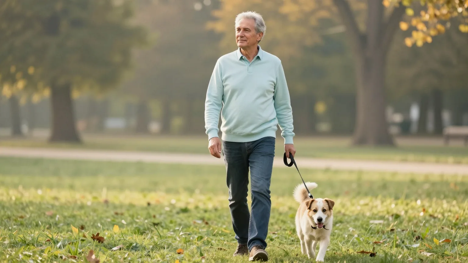 Mann Ende fünfzig mit kurzen grauen Haaren geht an einem milden Herbstmorgen mit seinem Hund durch einen grünen Park