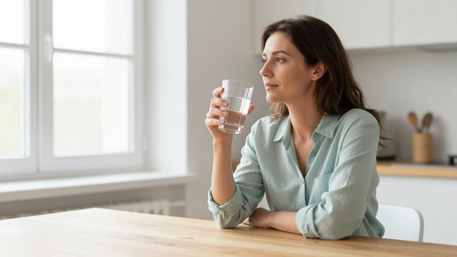 Frau Ende dreißig sitzt morgens an einem hellen Küchentisch und hält ein Glas Wasser in der Hand