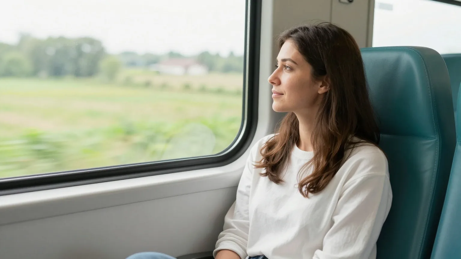 Frau Mitte dreißig sitzt in einem Regionalzug am Fenster und schaut entspannt auf die vorbeiziehende Landschaft
