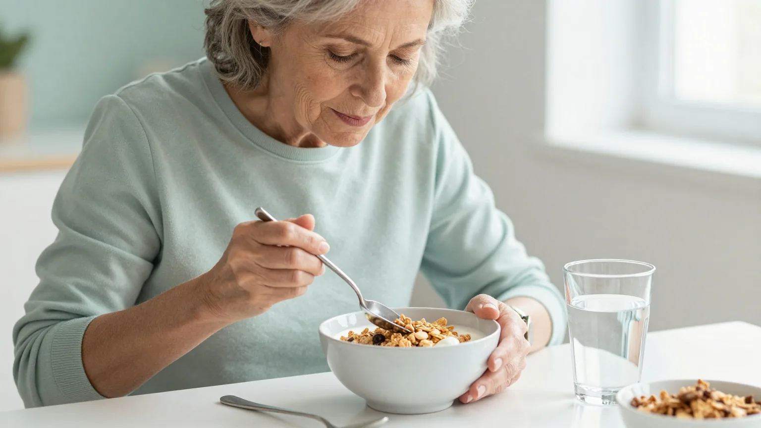 Frau in den Sechzigern mit grauem Haar isst an einem sonnigen Frühstückstisch eine Schale Müsli mit Joghurt, daneben ein Glas Wasser
