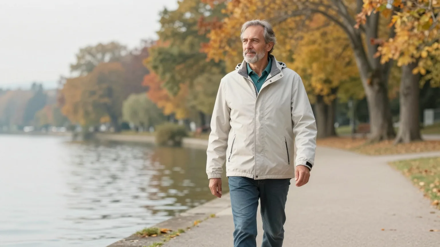 Mann in den Sechzigern mit grauem Bart geht an einem Herbsttag auf einem Weg an einem See spazieren