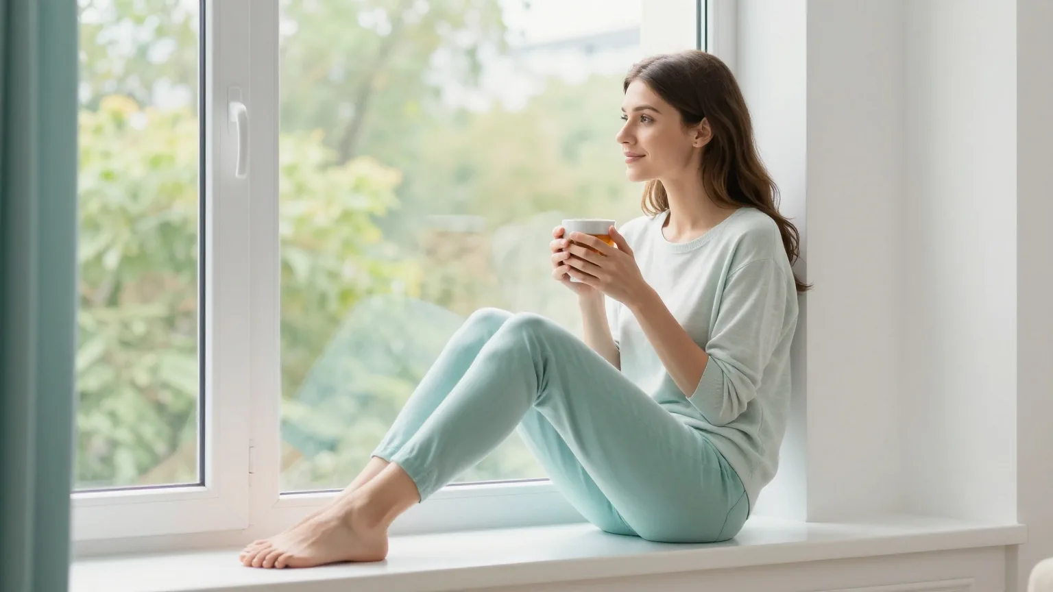 Junge Frau Mitte zwanzig sitzt mit einer Tasse Tee entspannt auf einer Fensterbank in einer hellen Wohnung und blickt hinaus
