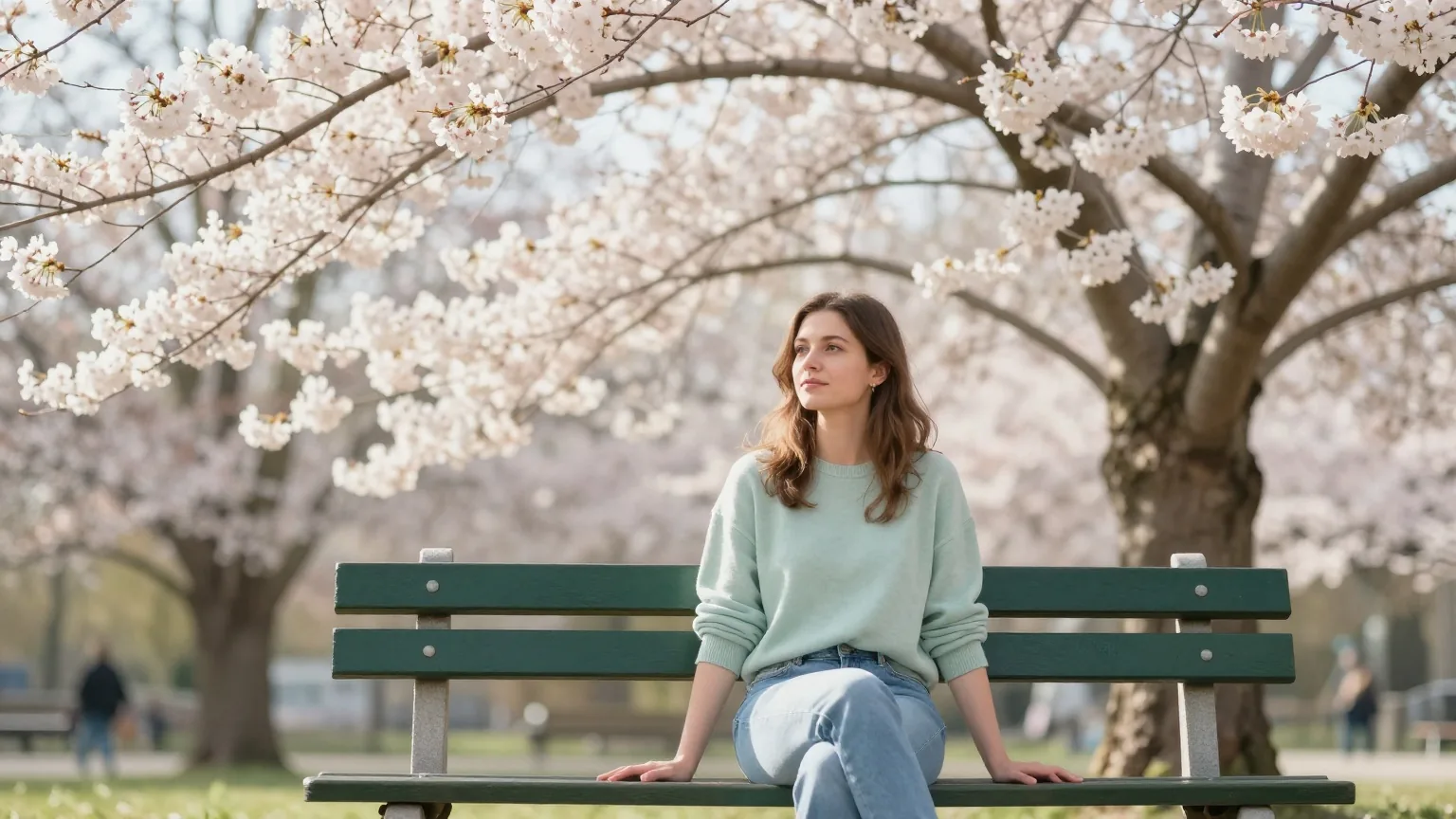 Frau in den Zwanzigern sitzt im Frühling auf einer Parkbank unter blühenden Kirschbäumen