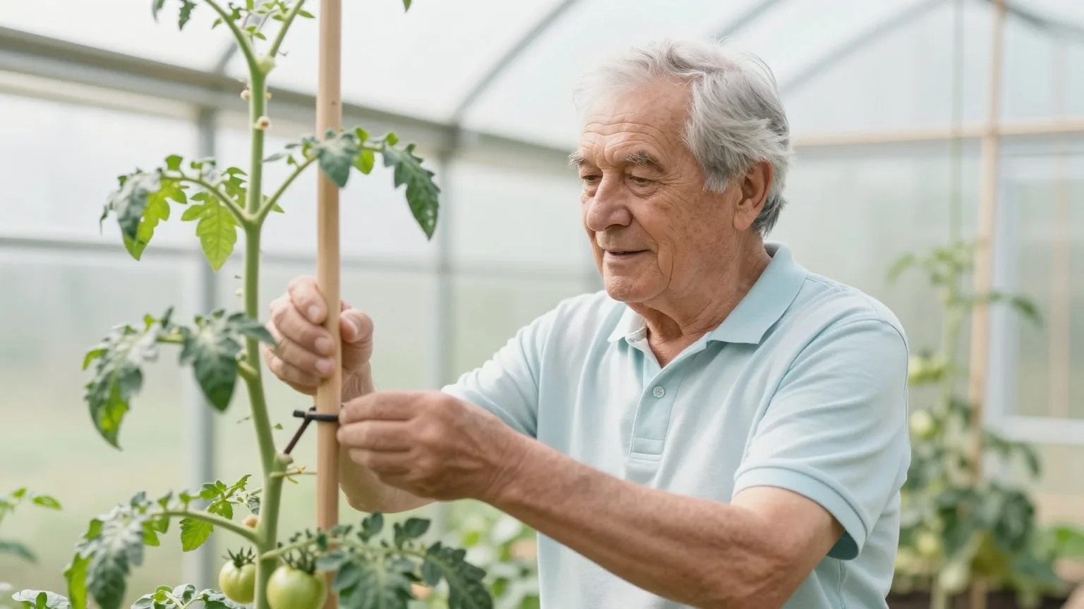 Älterer Mann mit grauem Haar bindet in einem hellen Gewächshaus ruhig eine Tomatenpflanze an einen Holzstab