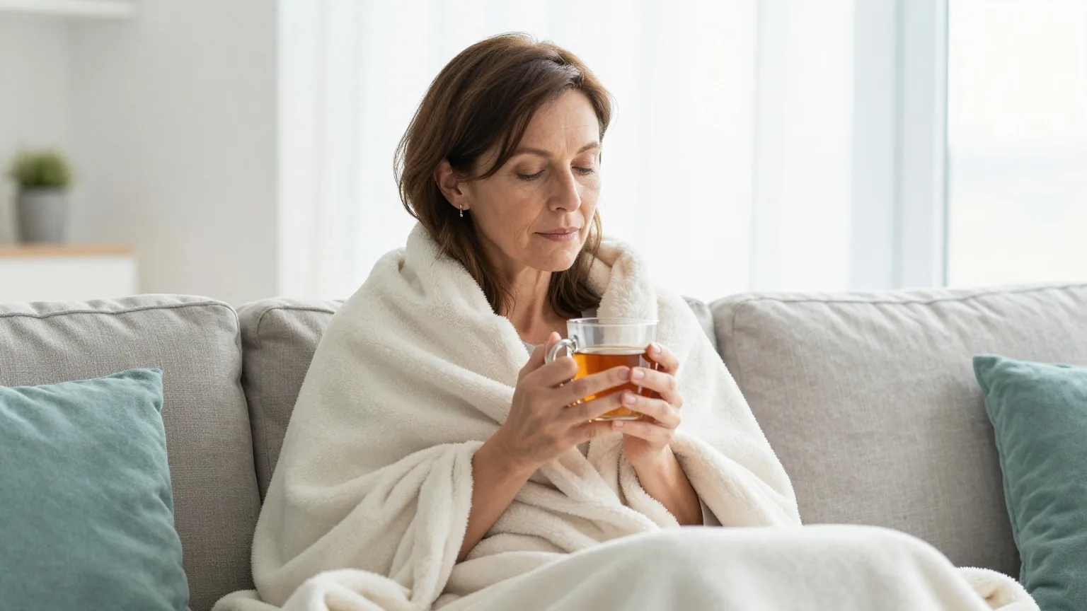 Frau in den Fünfzigern sitzt in eine leichte Decke gehüllt auf dem Sofa und hält eine Tasse Tee, weiches Tageslicht im Wohnzimmer