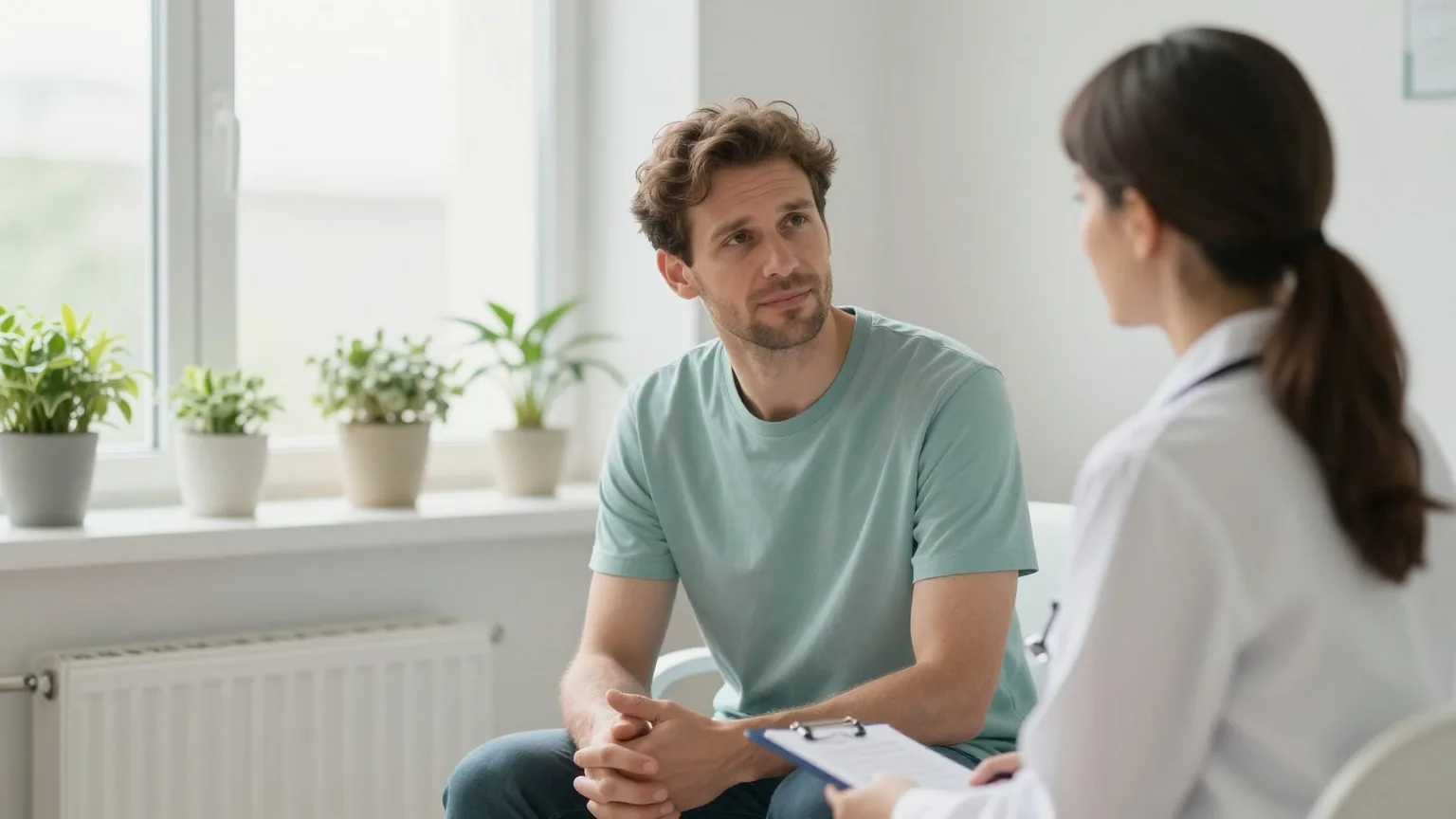 Mann um die vierzig sitzt in einem hellen Beratungsraum einer Ärztin gegenüber, beide sprechen ruhig miteinander