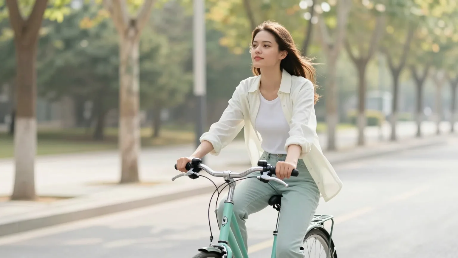 Junge Frau Mitte zwanzig fährt an einem sonnigen Morgen mit dem Fahrrad entspannt durch eine baumgesäumte Straße