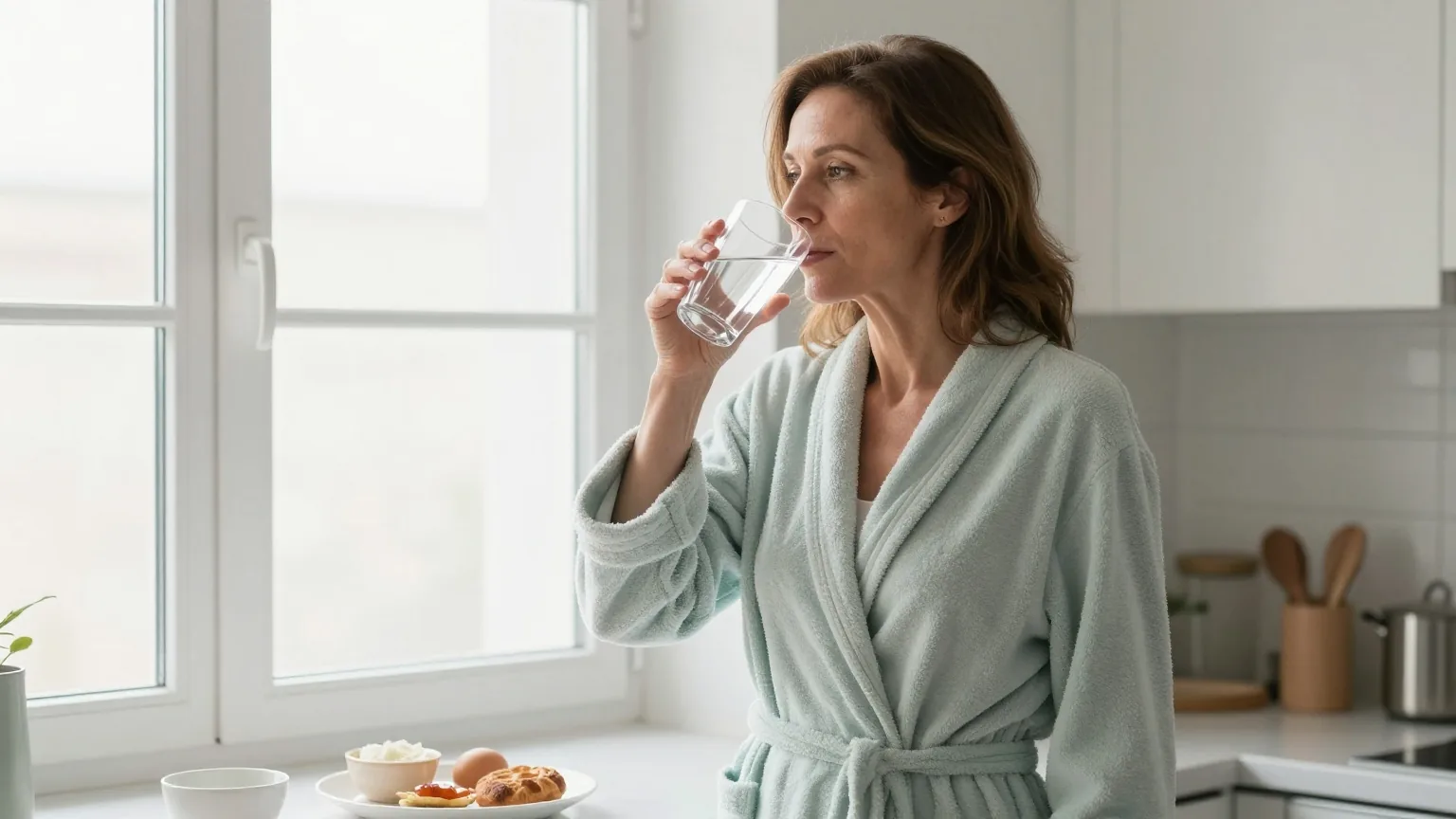 Frau in den Vierzigern steht morgens im Bademantel am Küchenfenster und trinkt ein Glas Wasser, der Frühstückstisch ist noch leer