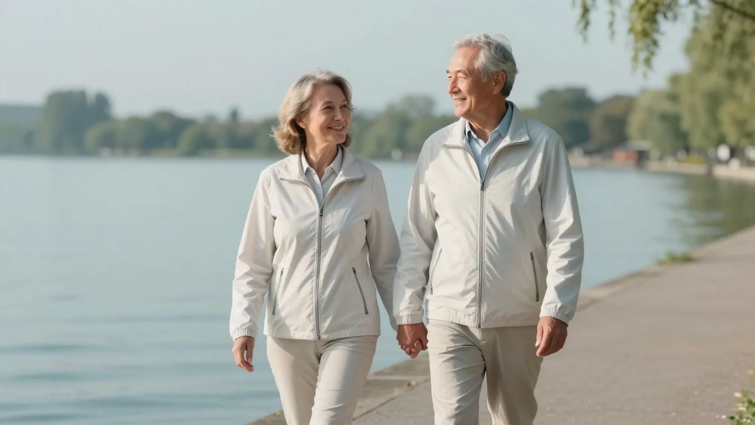 Paar Ende sechzig spaziert an einem sonnigen Vormittag Hand in Hand auf einem Uferweg an einem See entlang