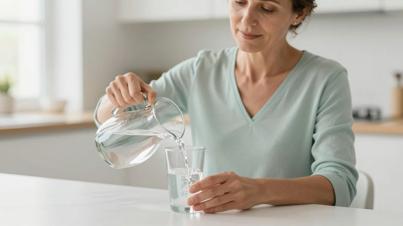 Frau Mitte fünfzig sitzt morgens an einem hellen Küchentisch und gießt Wasser aus einem Glaskrug in ein Glas