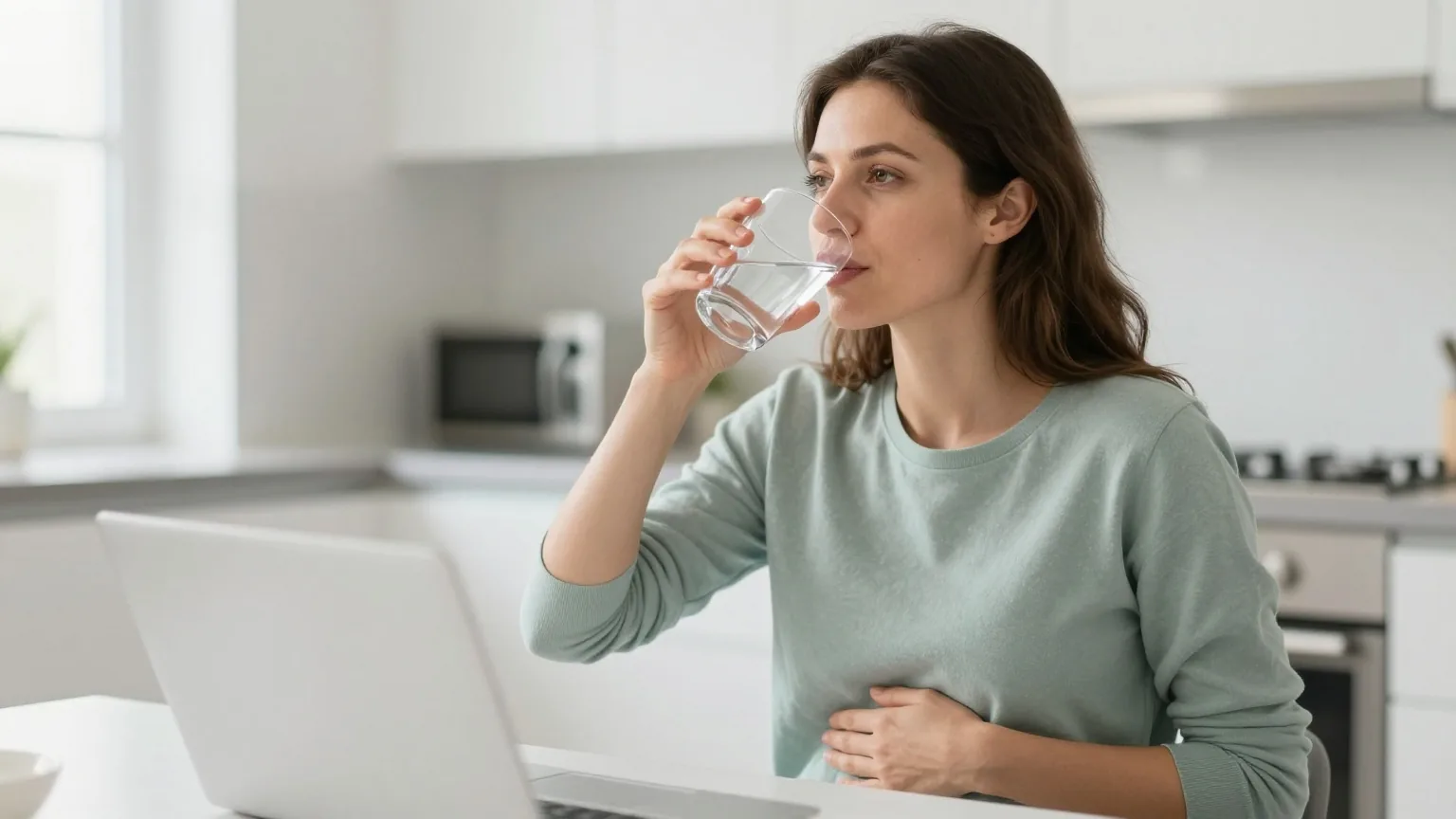 Frau in den Dreißigern sitzt am Morgen am Küchentisch, hält eine Hand auf den Bauch und trinkt aus einem Glas Wasser