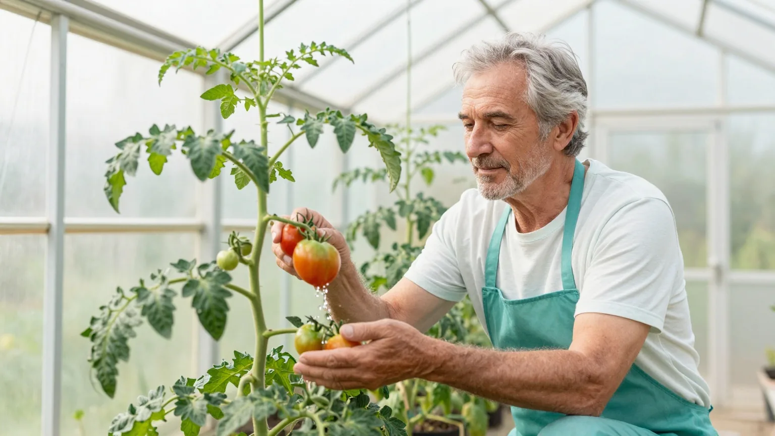 Mann Anfang sechzig gießt am Morgen Tomatenpflanzen in einem kleinen Gewächshaus im Garten