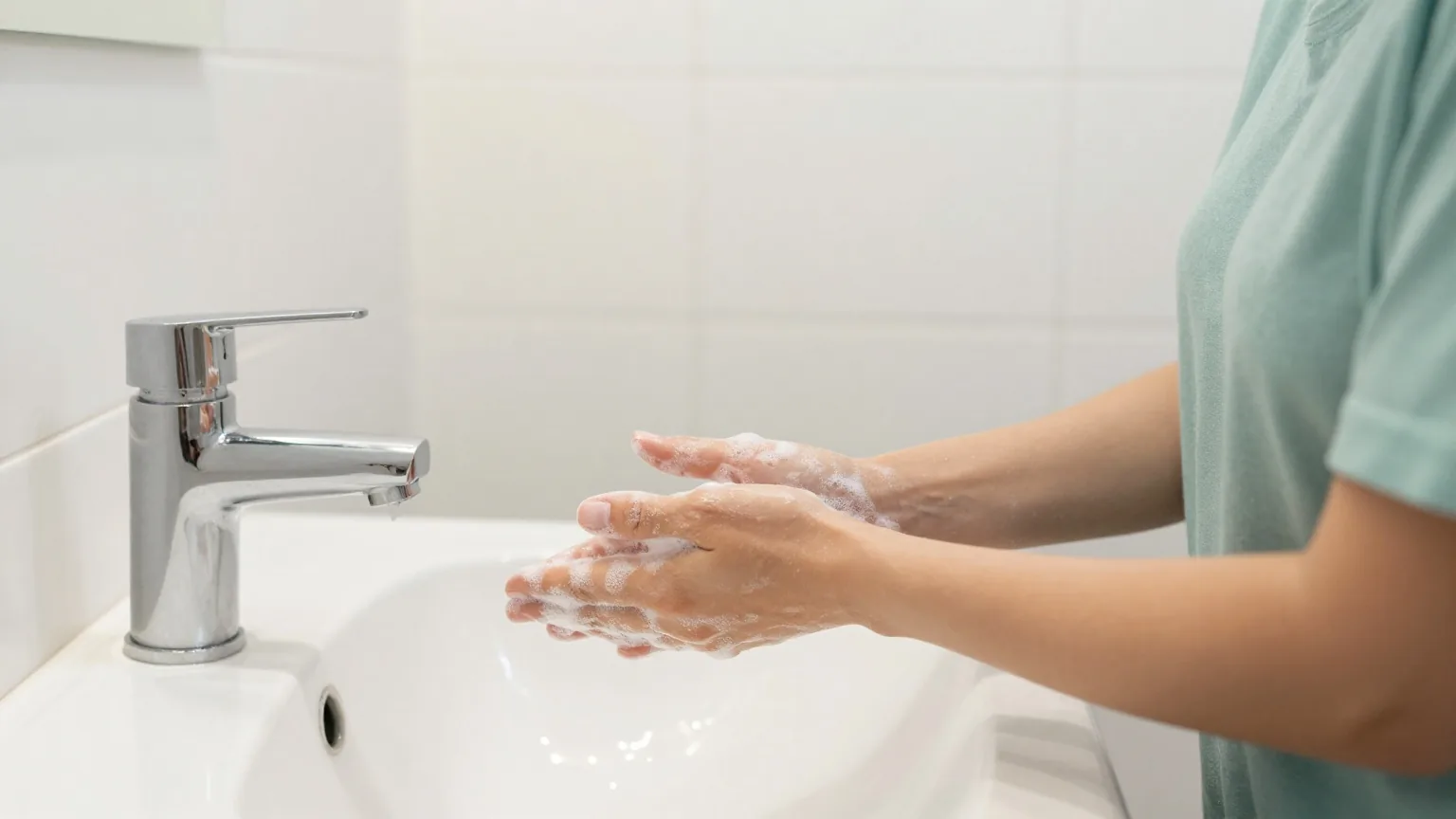 Frau Anfang dreißig wäscht sich an einem hellen Waschbecken gründlich die Hände mit Seifenschaum