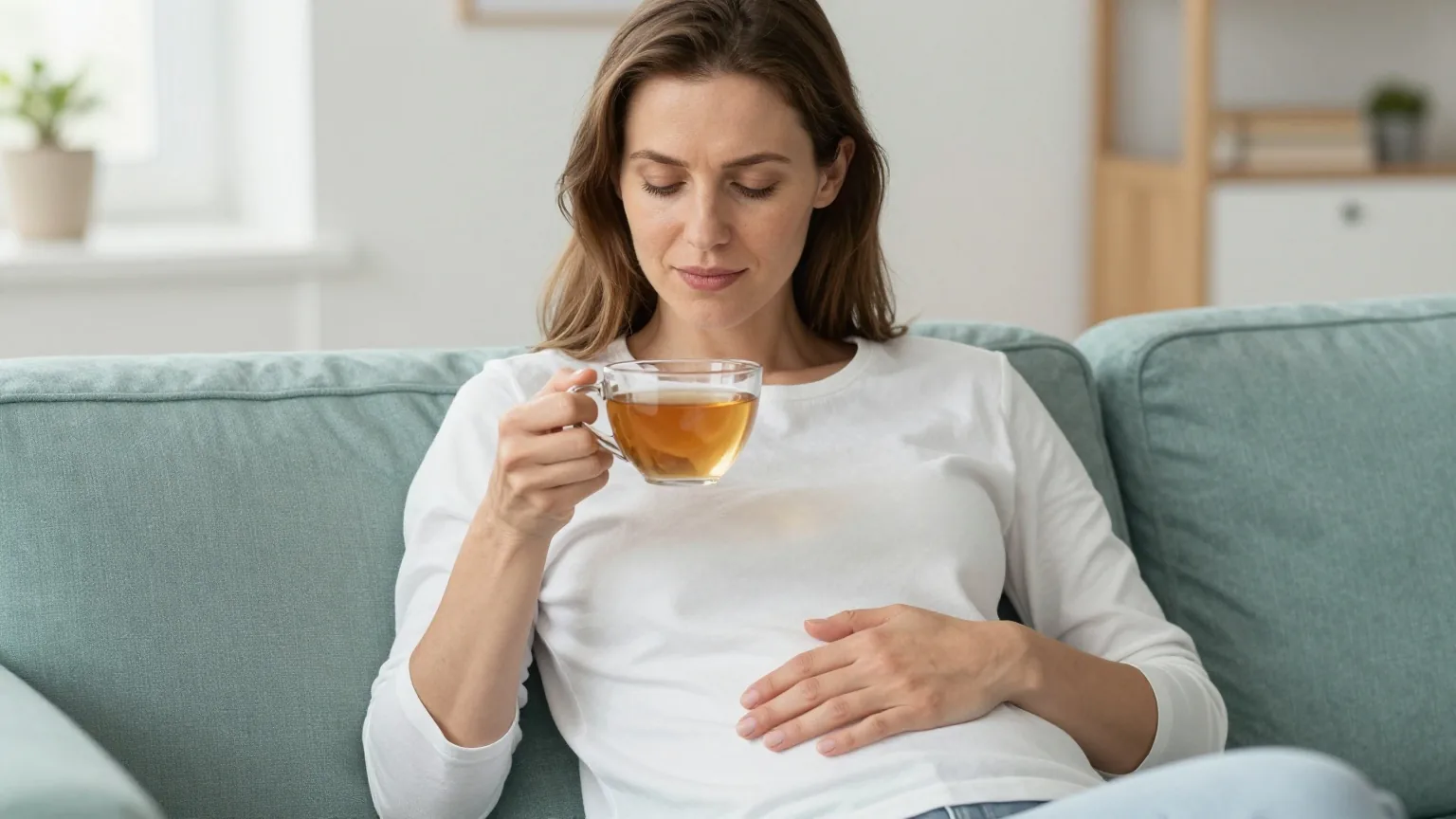 Frau in den Dreißigern sitzt mit einer Tasse Kräutertee auf dem Sofa und legt eine Hand auf ihren Bauch