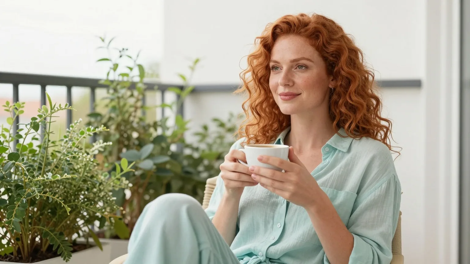 Frau Mitte dreißig mit lockigem rotem Haar sitzt auf einem Balkon mit Pflanzen und hält entspannt eine Tasse Kaffee