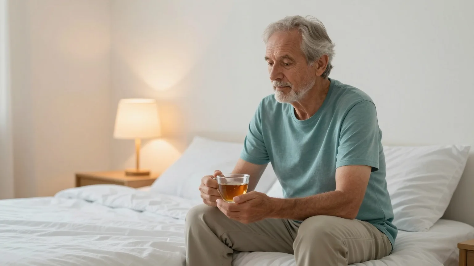 Mann in den Sechzigern sitzt abends im gedämpften Licht einer Nachttischlampe auf der Bettkante und hält eine Tasse Kräutertee
