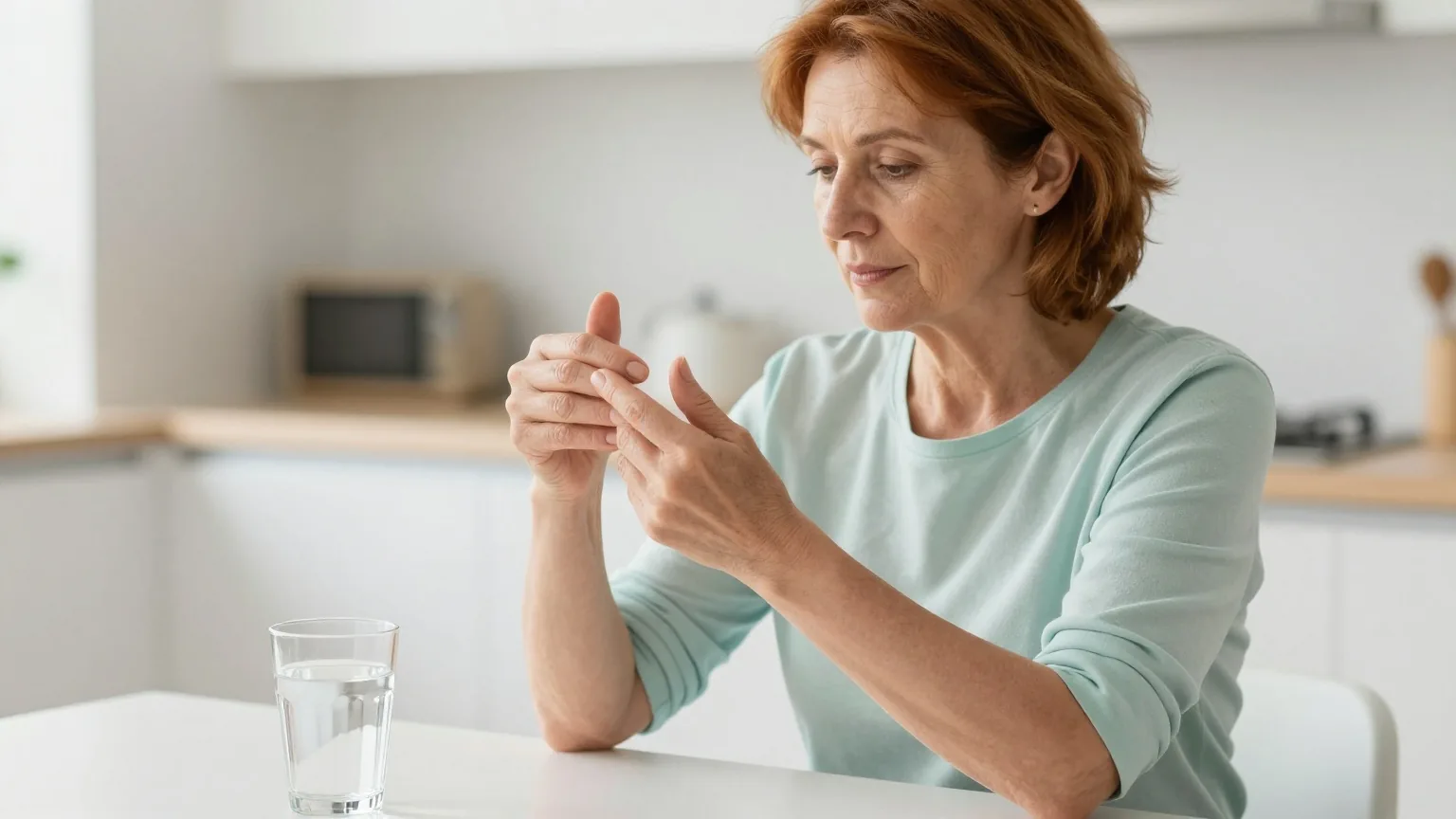 Frau in den Fünfzigern sitzt am hellen Küchentisch und bewegt behutsam die Finger beider Hände, neben ihr ein Glas Wasser