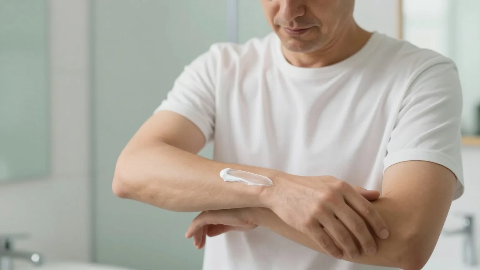 Mann Ende dreißig trägt in einem hellen Badezimmer mit den Fingerspitzen eine dünne Schicht weiße Creme auf die Innenseite seines Unterarms auf