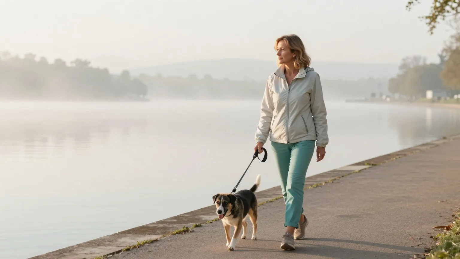 Frau Mitte fünfzig geht an einem ruhigen Morgen mit ihrem Hund am Seeufer spazieren