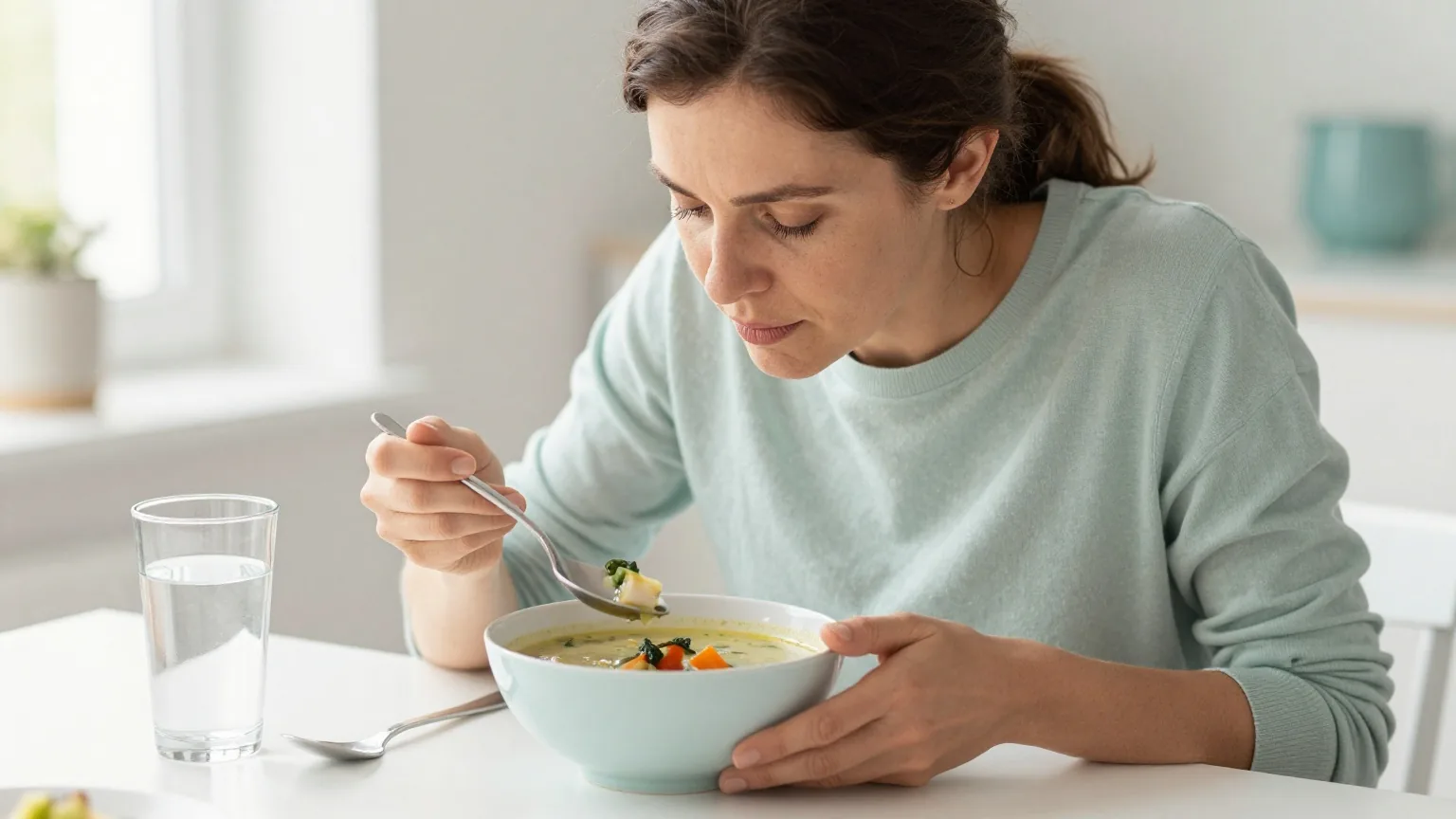 Frau Anfang vierzig isst an einem hellen Esstisch eine Schale Gemüsesuppe, daneben steht ein Glas Wasser