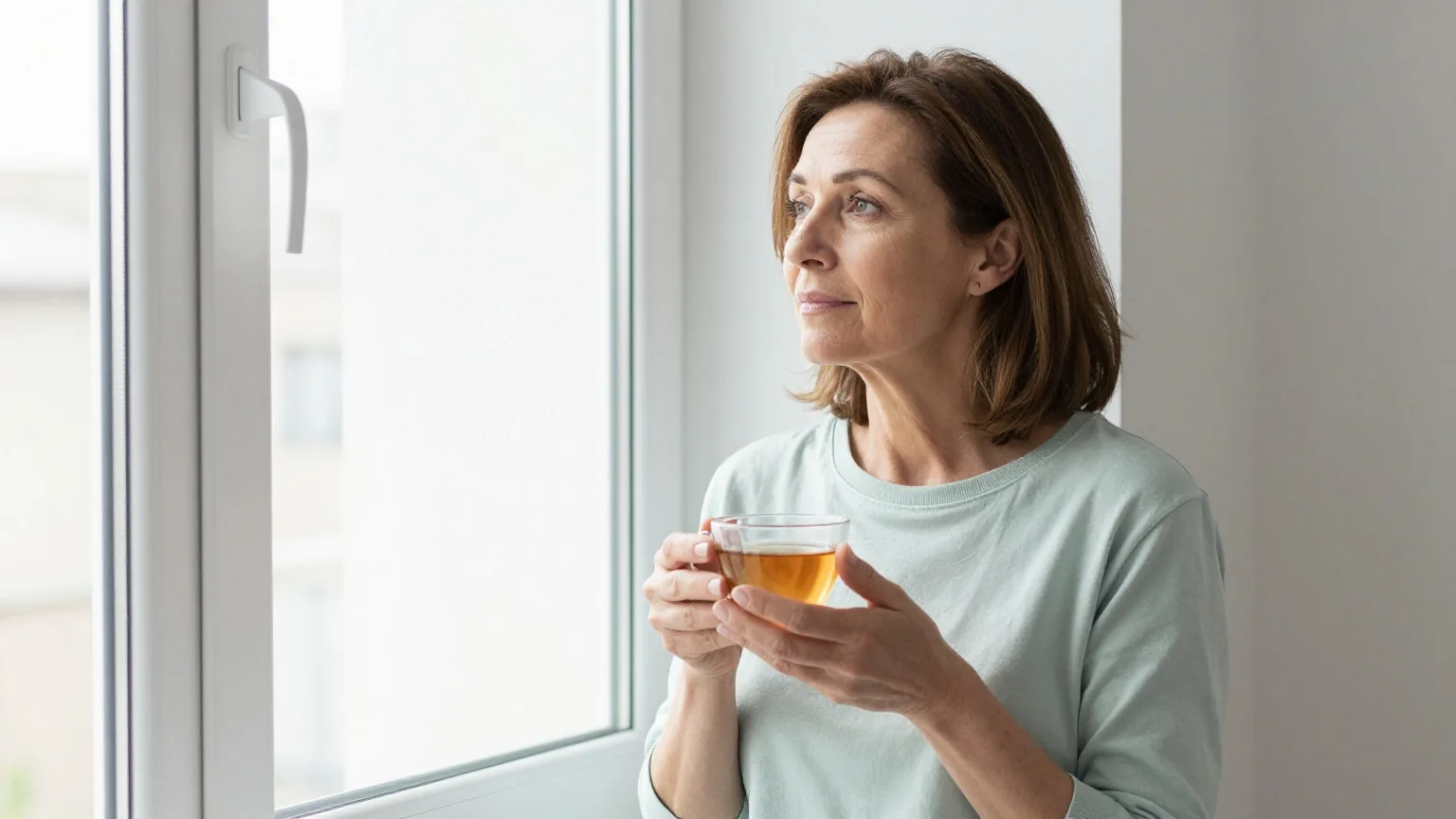 Frau in den Vierzigern sitzt am Morgen mit einer Tasse Tee am Fenster und blickt nachdenklich hinaus