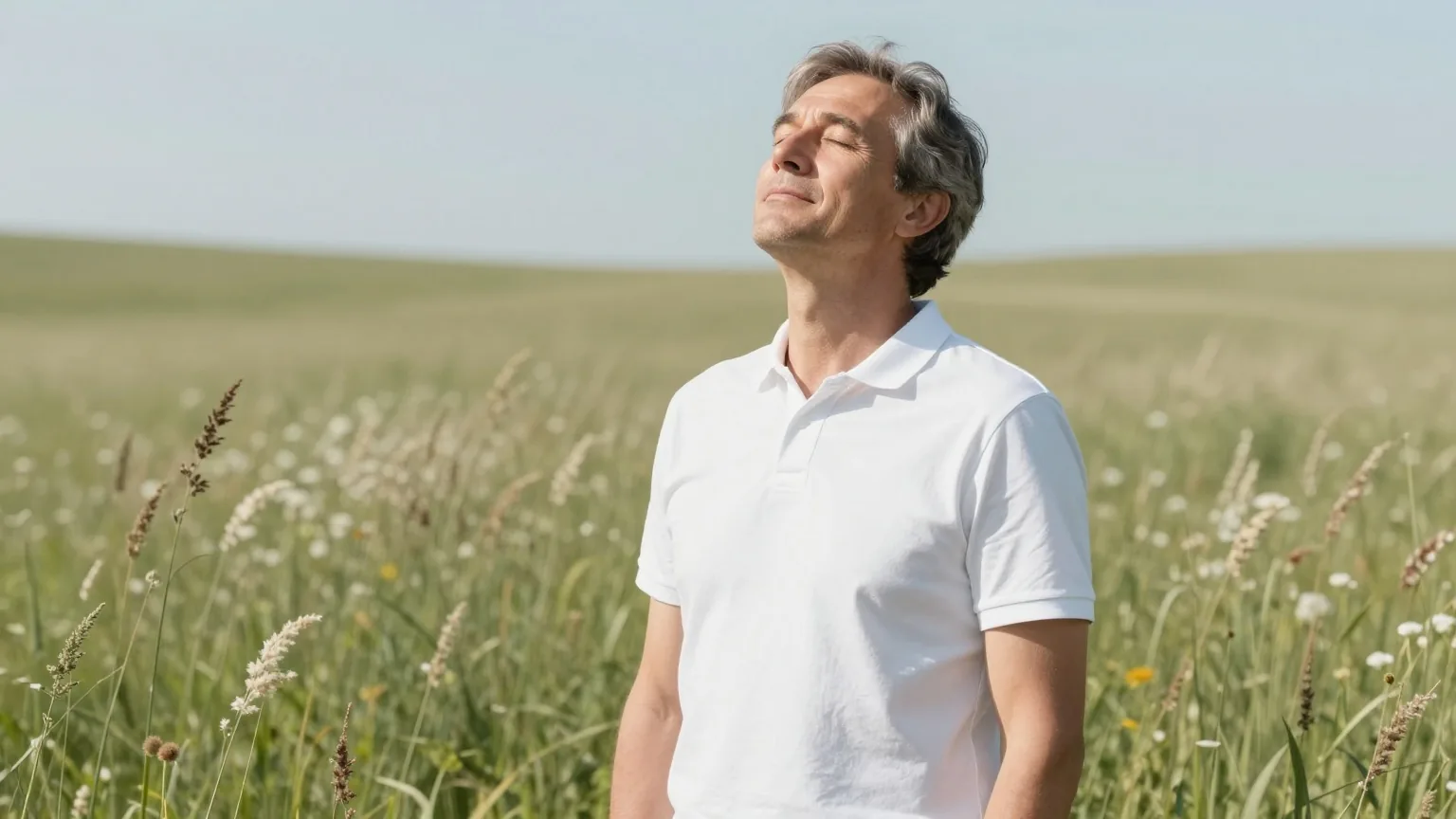 Mann in den Vierzigern steht auf einer sonnigen Wiese mit blühenden Gräsern im Frühsommer und atmet mit halb geschlossenen Augen ruhig durch die Nase ein