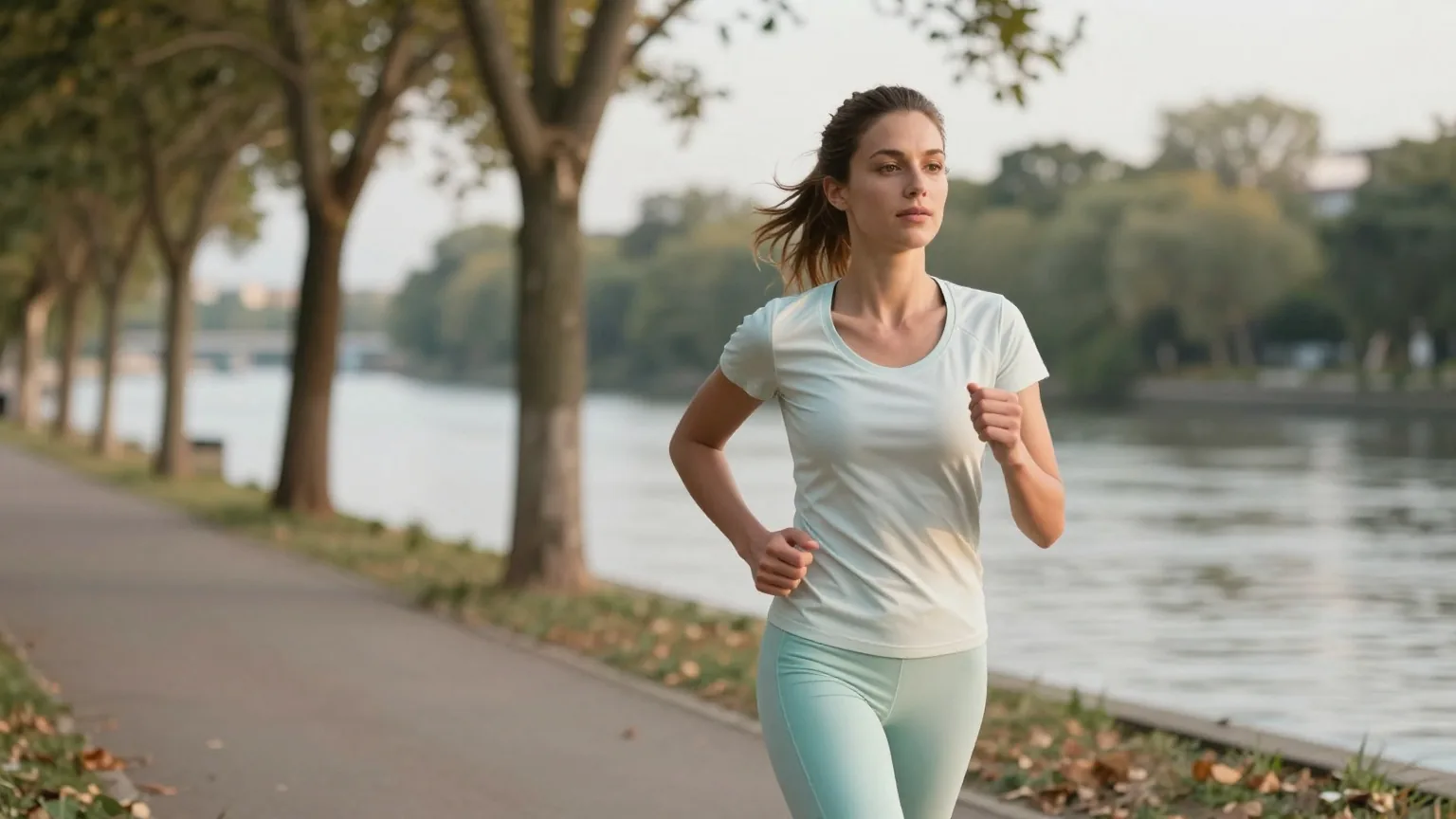 Junge Frau joggt am frühen Abend in leichter Sportkleidung ruhig atmend auf einem Uferweg mit Bäumen