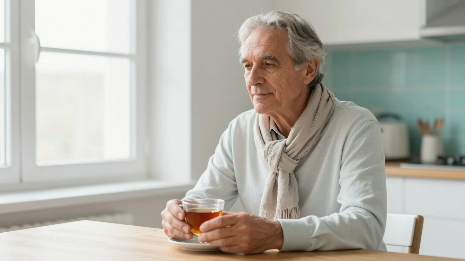 Mann in den Sechzigern mit hellem Schal sitzt an einem Holztisch am Küchenfenster und hält eine Tasse Tee, ruhiges Morgenlicht