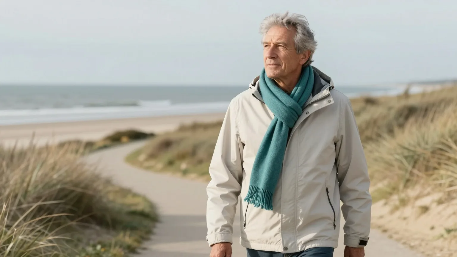 Mann in den Sechzigern mit grauem Haar geht im Herbst in warmer Jacke und Schal auf einem windigen Küstenweg spazieren