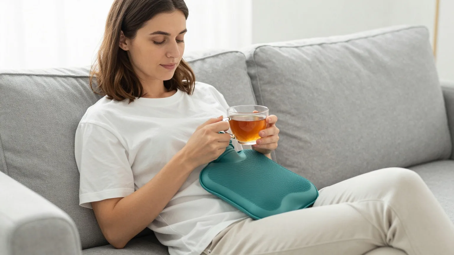 Frau in den Dreißigern sitzt mit einer Wärmflasche auf dem Bauch auf dem Sofa und hält eine Tasse Tee