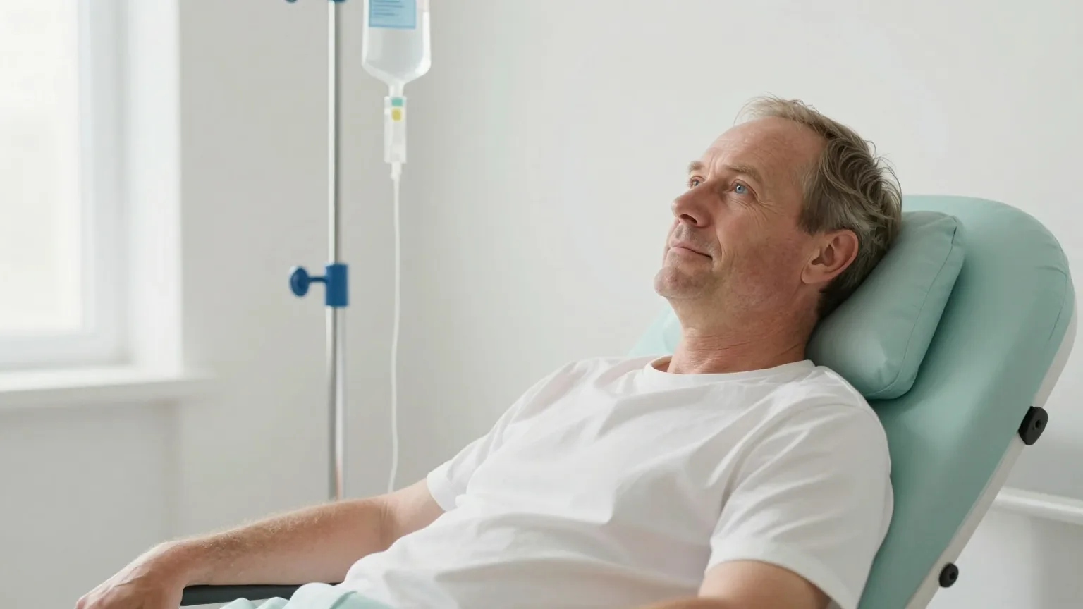Mann um die sechzig ruht entspannt in einem hellen Behandlungsraum in einem Sessel, neben ihm ein Infusionsständer mit einem klaren Beutel