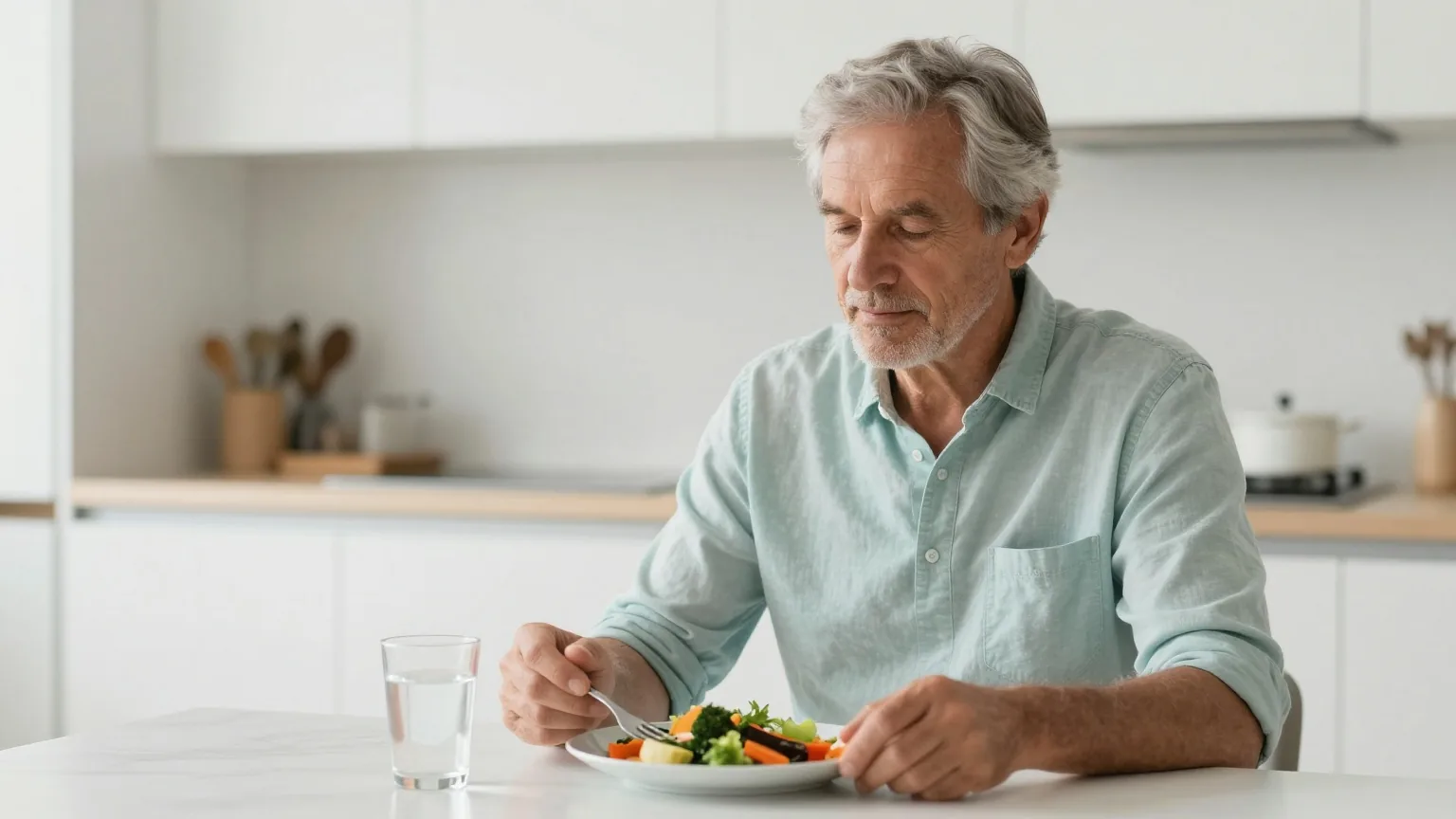 Mann in den Sechzigern sitzt an einem hellen Küchentisch bei einem leichten Mittagessen mit Gemüse und einem Glas Wasser