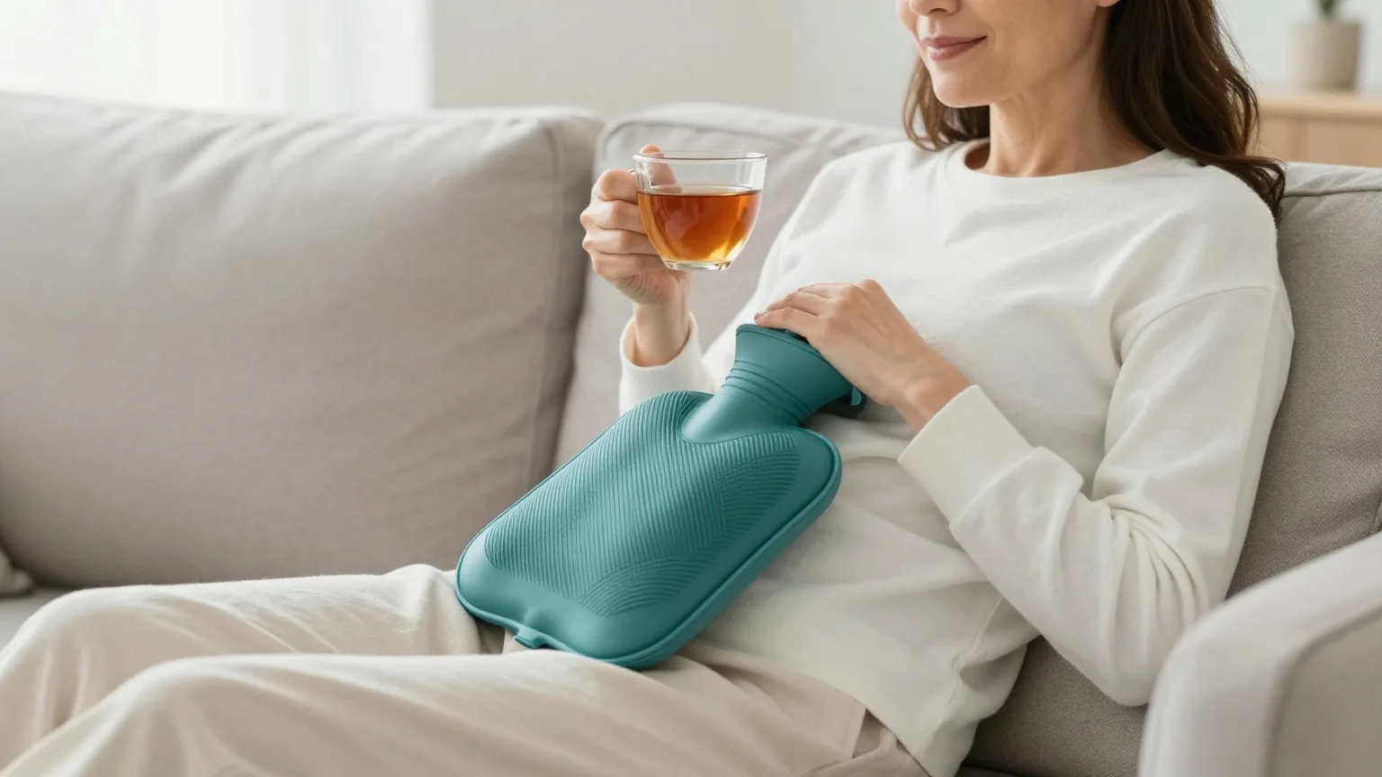 Frau Mitte vierzig sitzt mit einer Wärmflasche auf dem Bauch und einer Tasse Tee auf dem Sofa