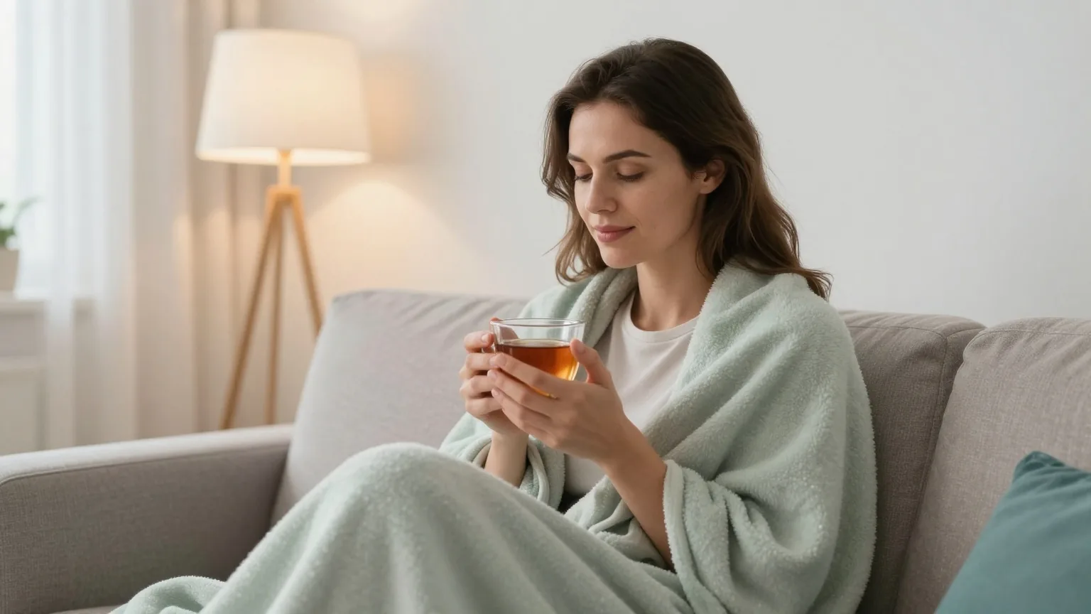 Frau in den Dreißigern sitzt am Abend in eine Decke gehüllt auf dem Sofa und hält eine Tasse Tee