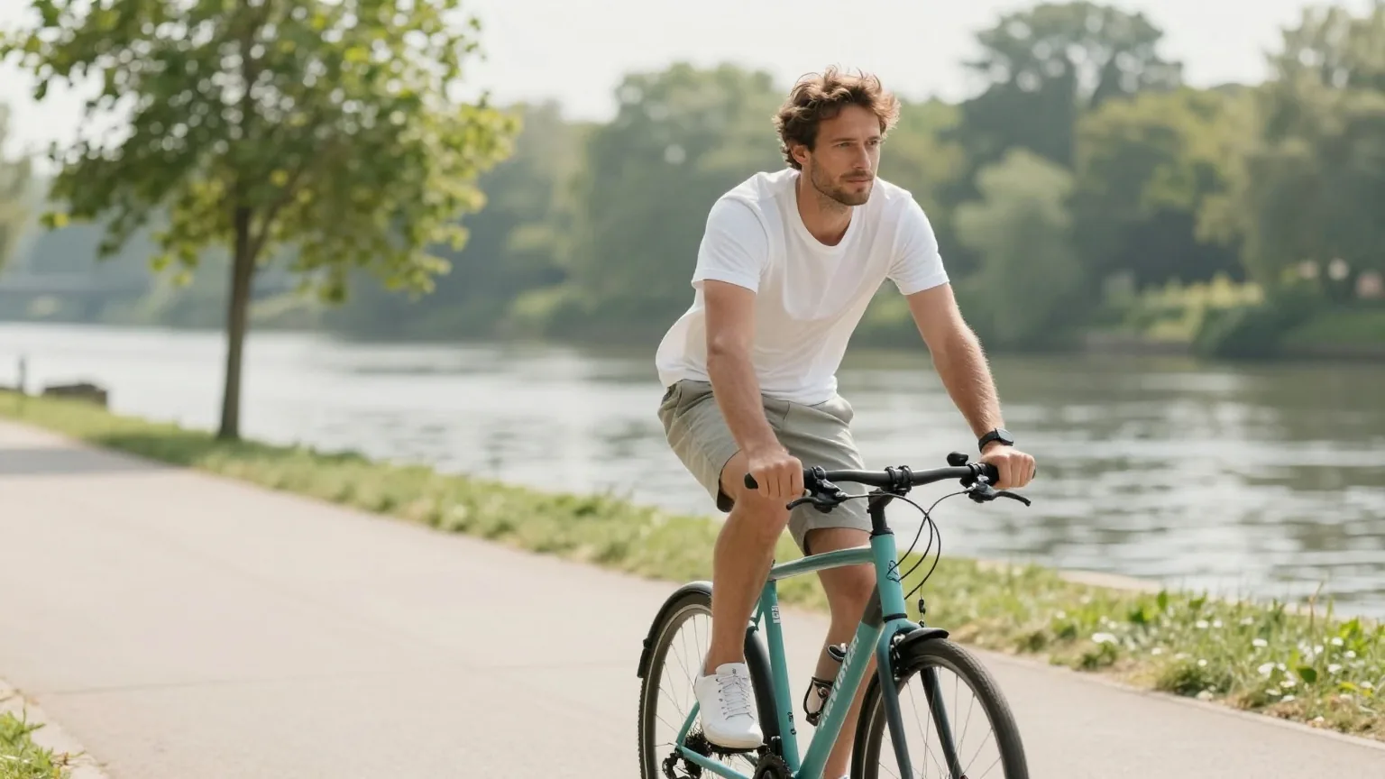 Mann in den Dreißigern fährt an einem sonnigen Morgen auf einem Radweg am Fluss Fahrrad
