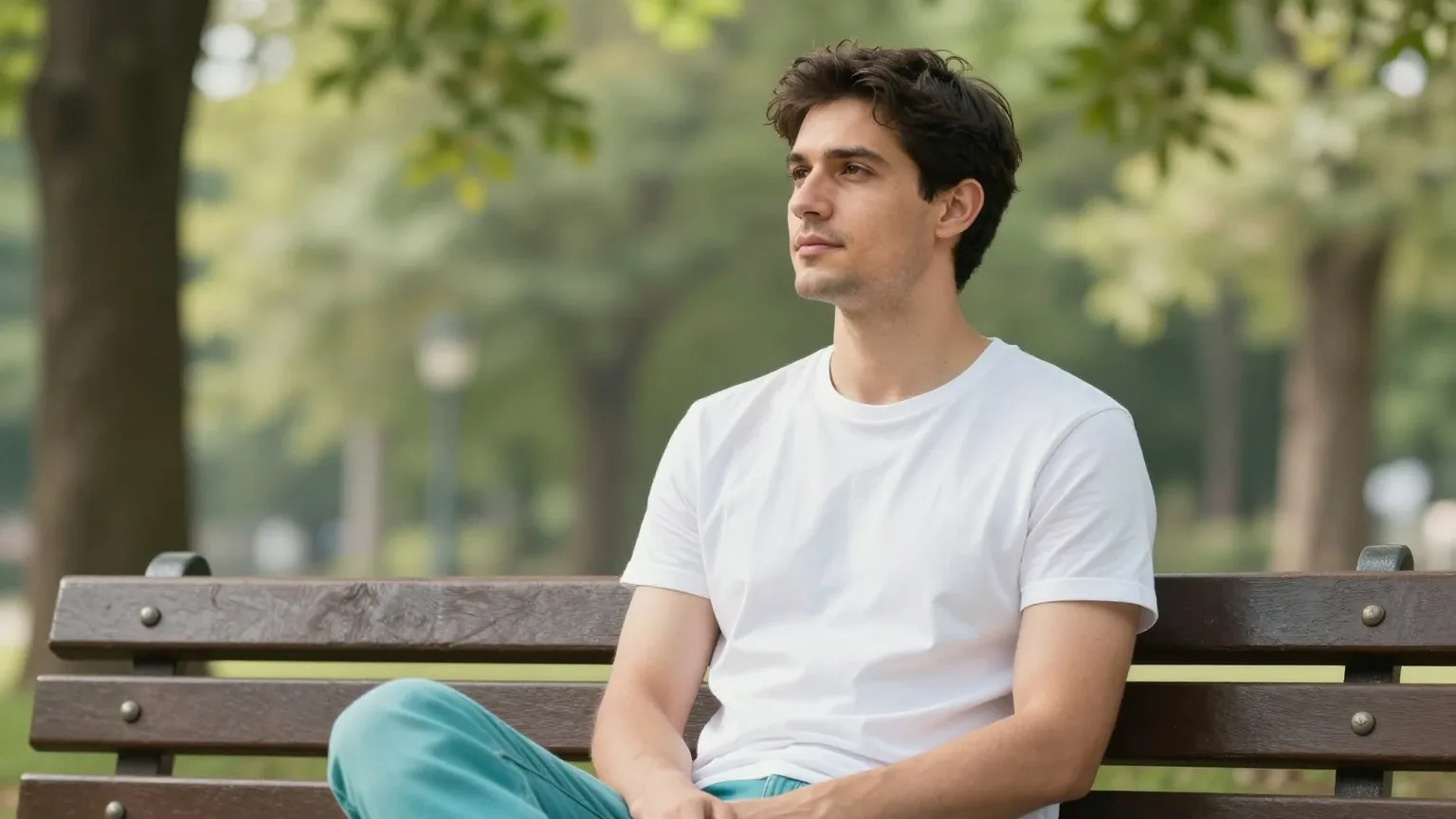 Mann Anfang vierzig mit kurzem dunklem Haar sitzt am Morgen entspannt auf einer Parkbank im Grünen und schaut in die Ferne