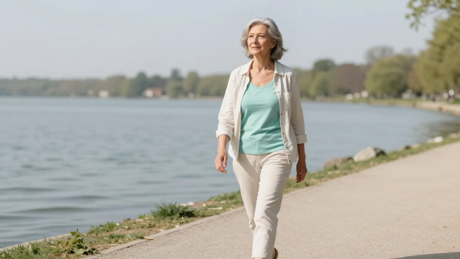 Frau Ende fünfzig mit kurzen grauen Haaren geht an einem sonnigen Frühlingstag zügig auf einem Uferweg an einem See spazieren