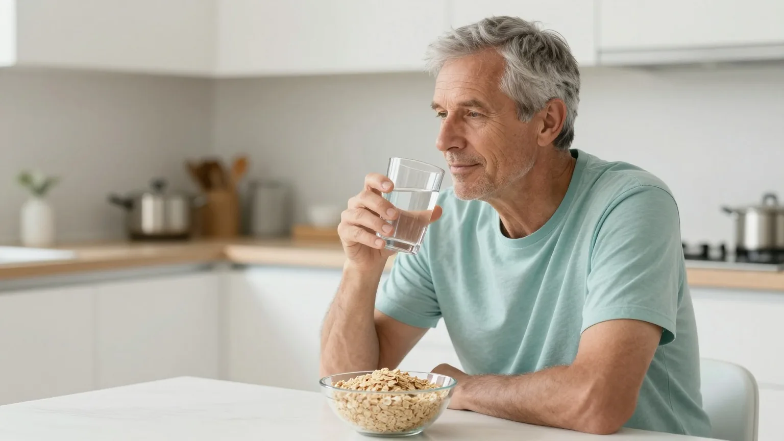 Mann in den Fünfzigern sitzt am Morgen am hellen Küchentisch und hält ein Glas Wasser in der Hand, vor ihm eine Schale mit Haferflocken