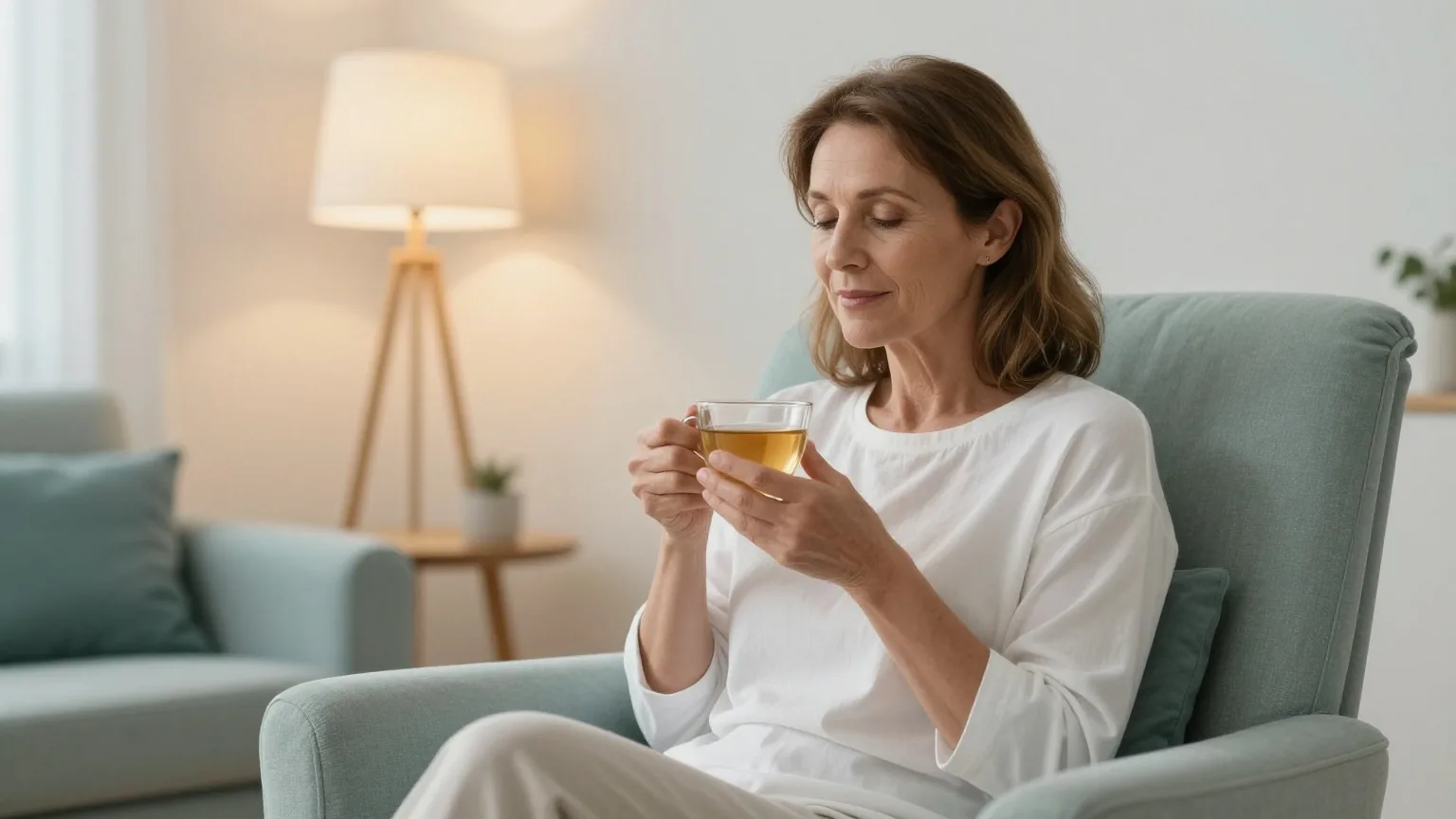 Frau in den Fünfzigern sitzt am Abend in einem ruhigen Wohnzimmer in einem Sessel und hält eine Tasse Kräutertee, warmes Lampenlicht