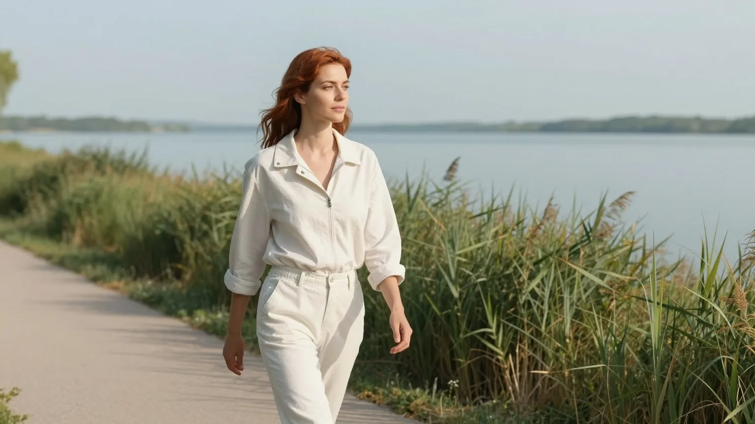 Frau Anfang dreißig geht an einem sonnigen Nachmittag entspannt einen Uferweg an einem See entlang