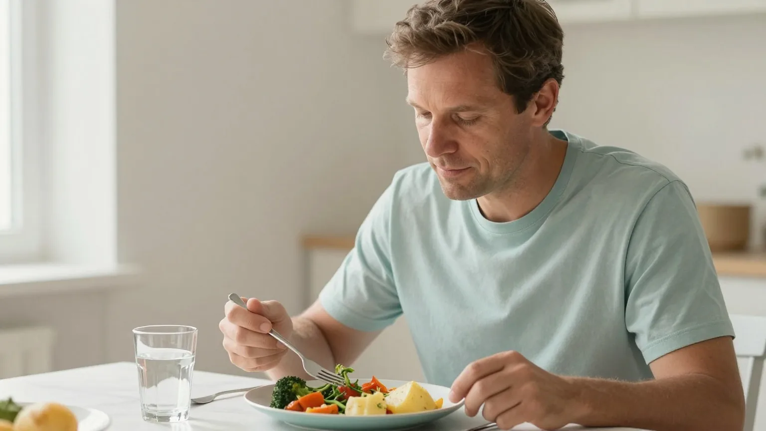 Mann in den Vierzigern isst am Esstisch eine ausgewogene Mahlzeit mit Gemüse, daneben ein Glas Wasser